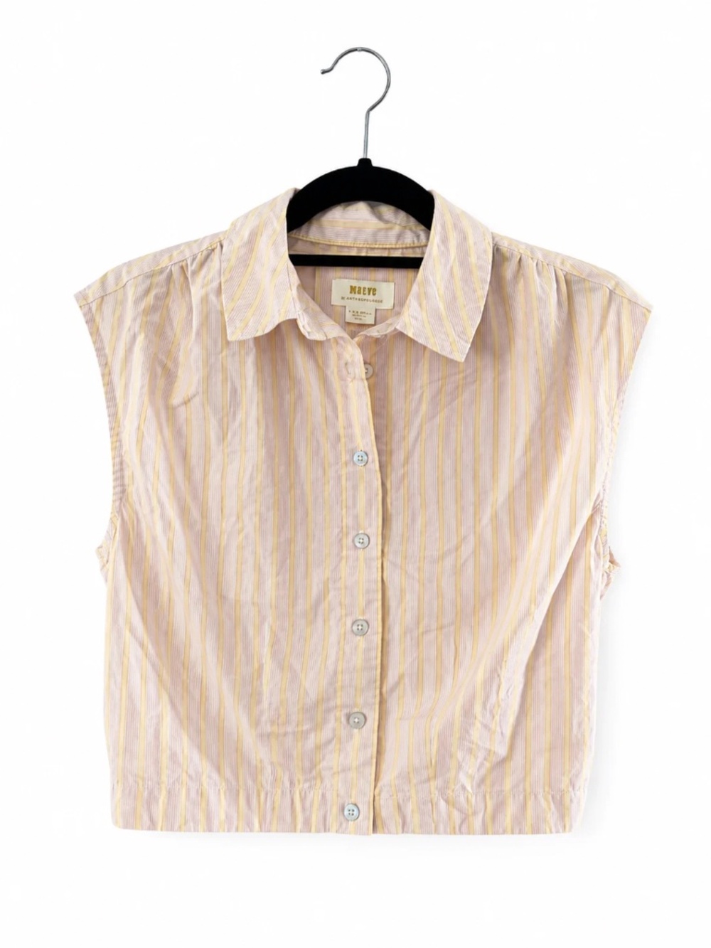 Anthropologie Maeve Sleeveless Striped Button Front Blouse XXS Khaki and Yellow